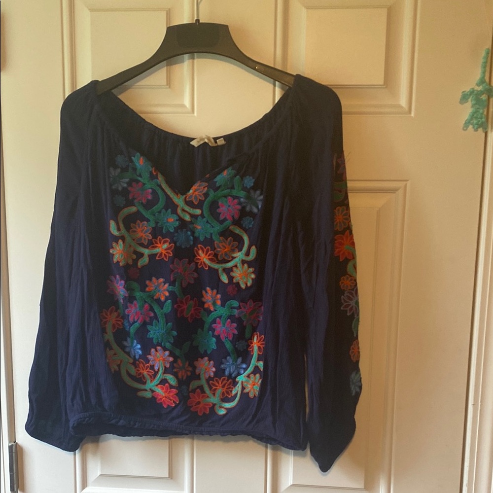 Soft Surroundings Blue Embellished 3/4 Sleeve Blouse